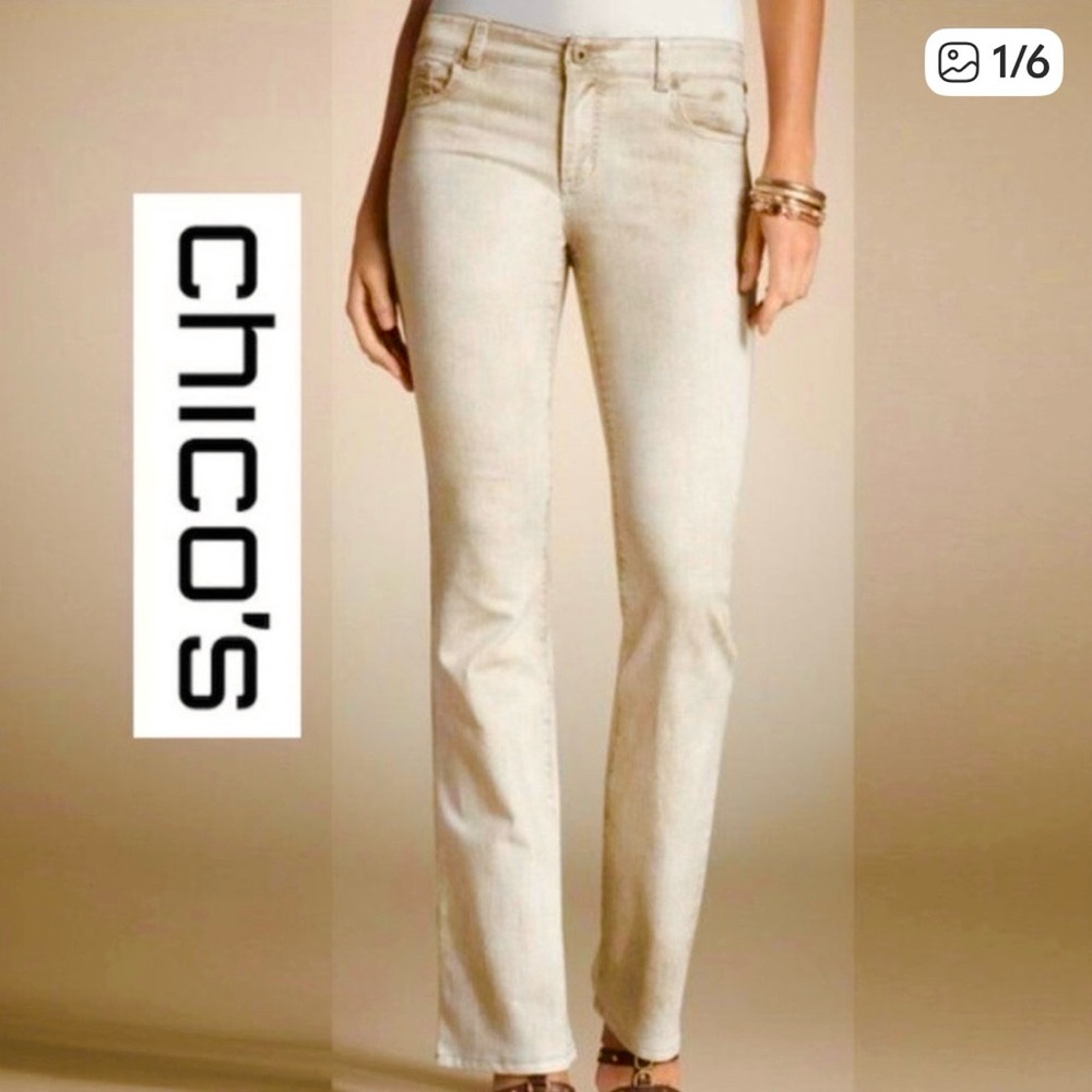 Chico’s Platinum Denim Marquis Fit Jeans creamy ivory & tan